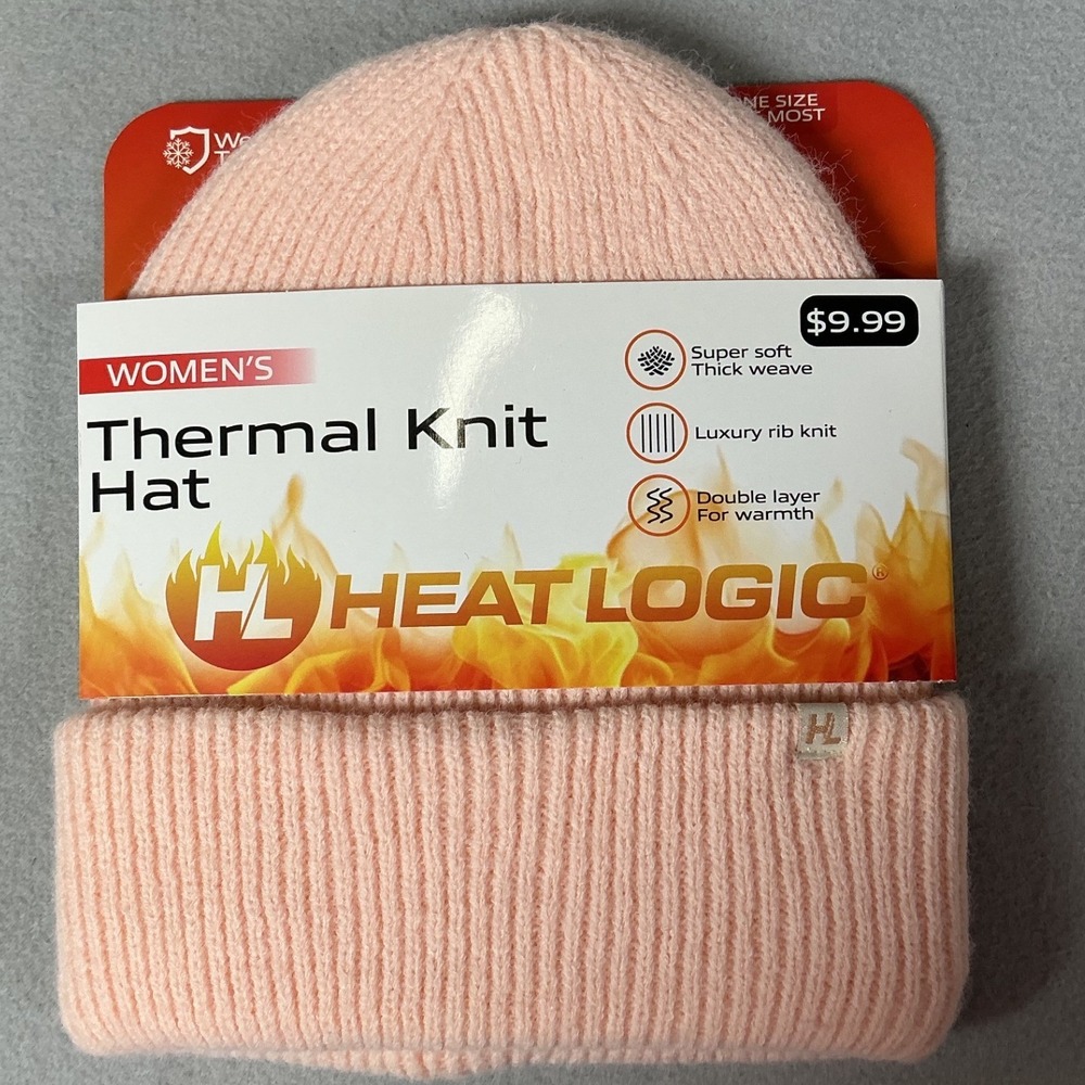 HeatLogic Women's Thermal Knit Beanie Hat Pink Double Layer Rib Knit OneSize New